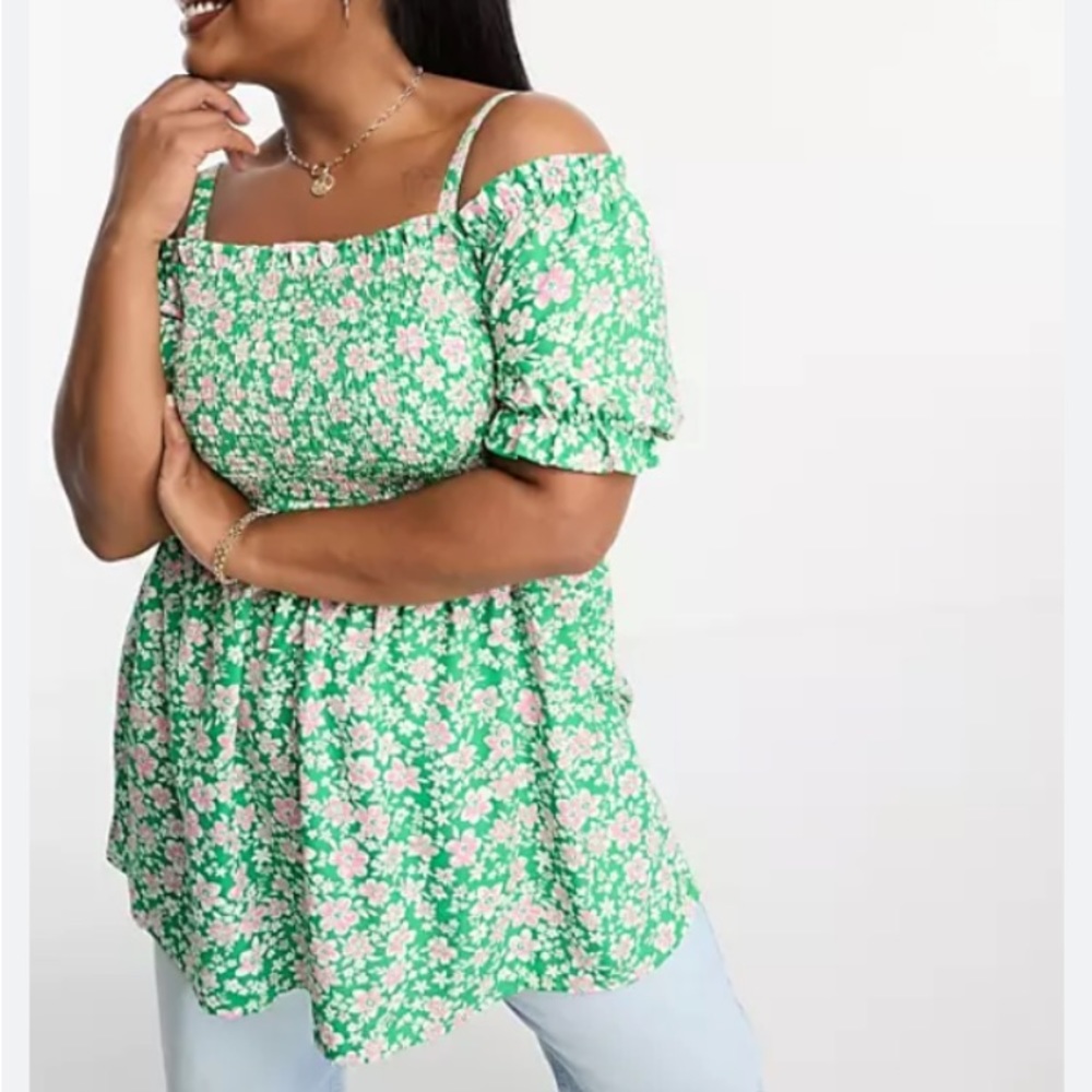 YOURS Curve Green Floral Print Cold Shoulder Top Plus Size US 14 Never Worn
